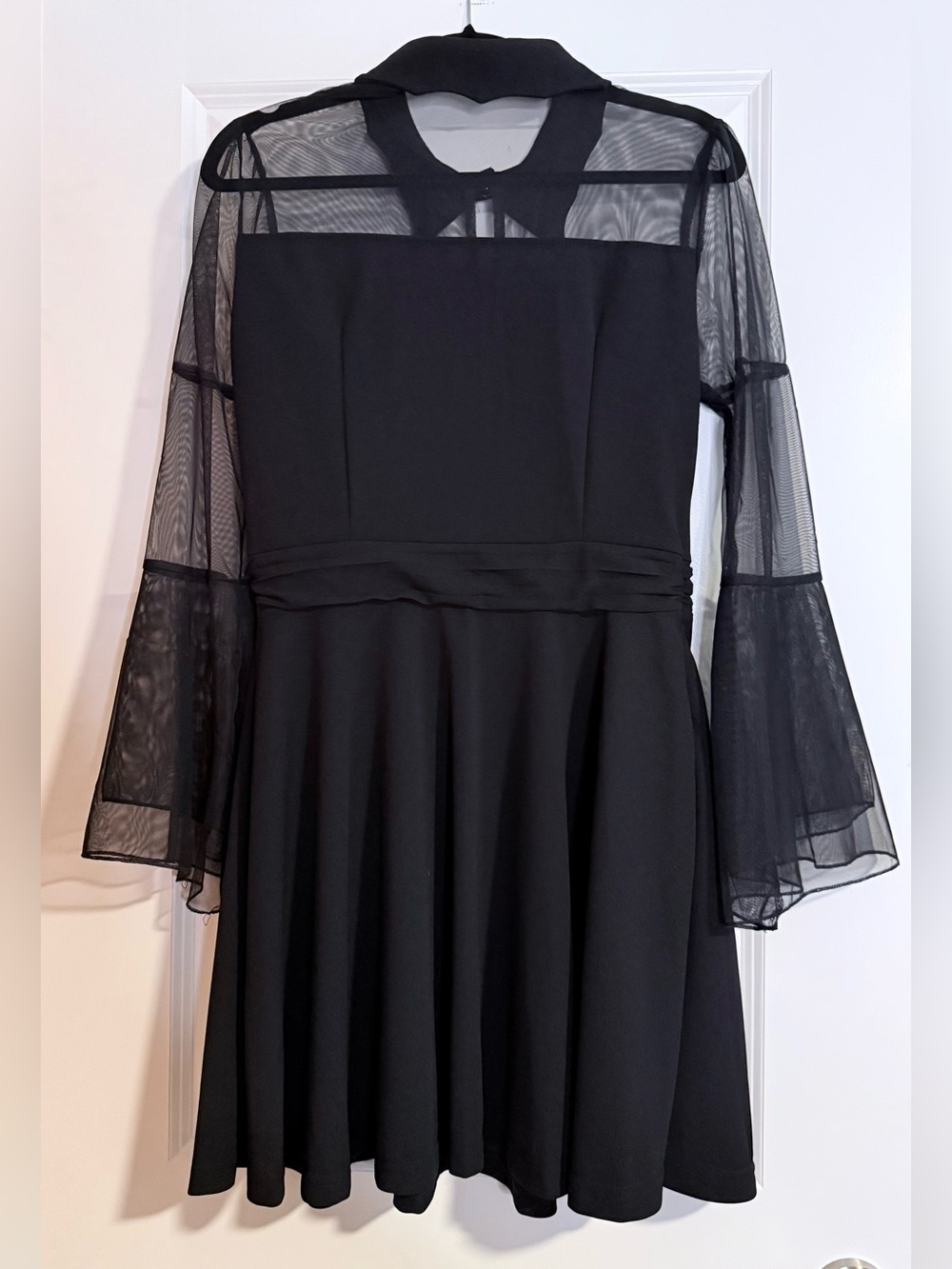 🆕 Women’s Little Black Dress L US10 sheer bell sleeves goth bat stretchy - Picture 9 of 10